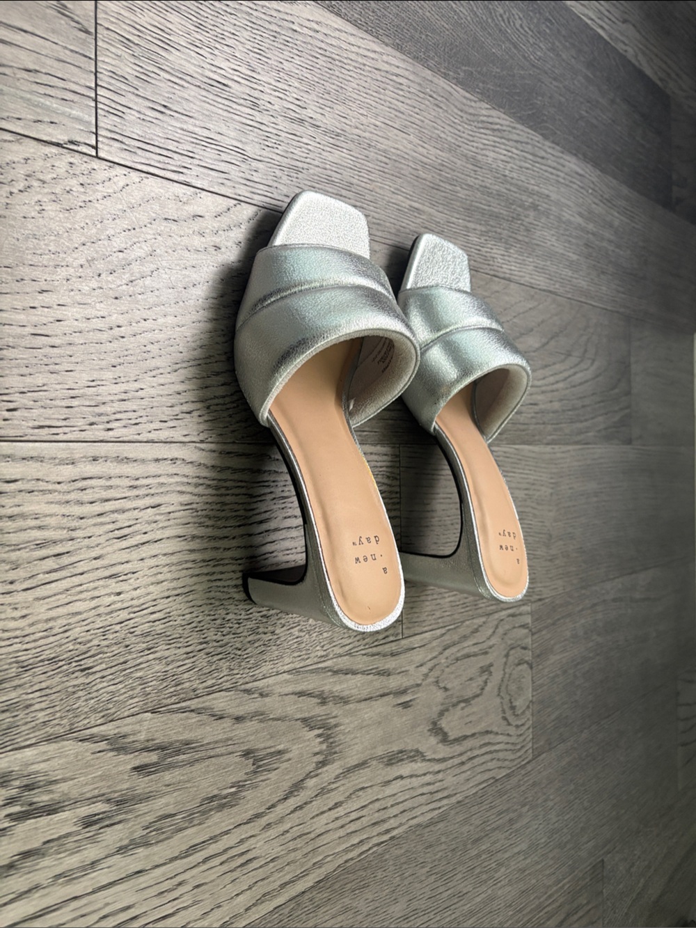 Iridescent Silver Block Heel Mules